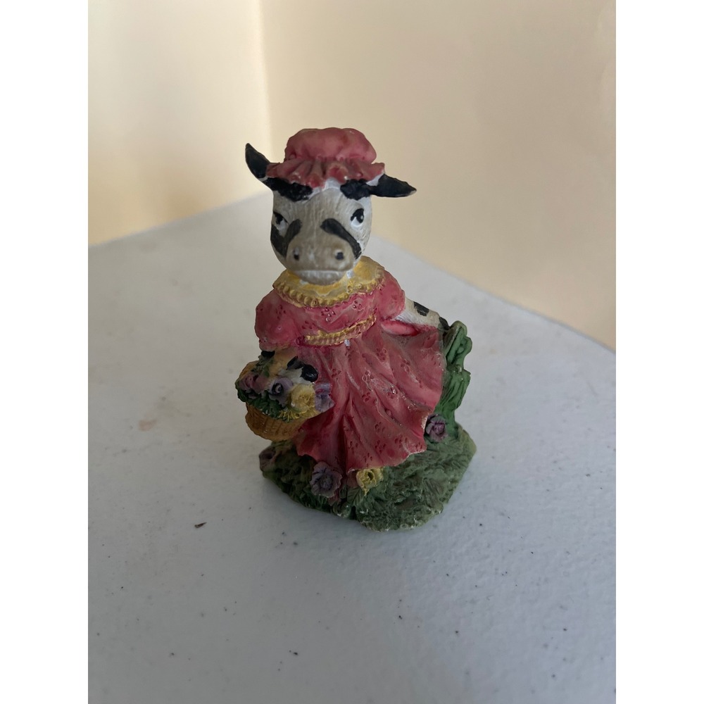 Vintage Miniature Cow Figurine Pink Victorian Dress Flower Basket Farmhouse Deco